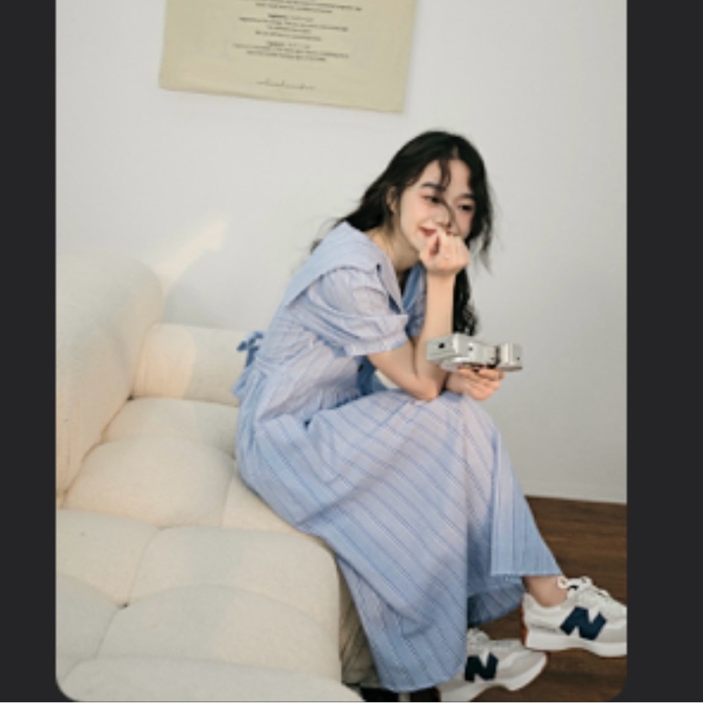 [SOLD] Kuose Blue Retro French Striped Dress with Pockets